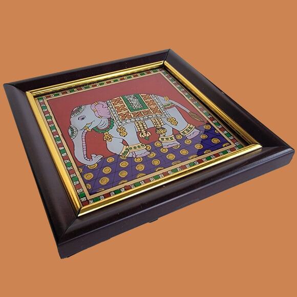 Vintage 1990s Small South Indian Tanjore Painting of Adorned Elephant - Picture 3 of 5